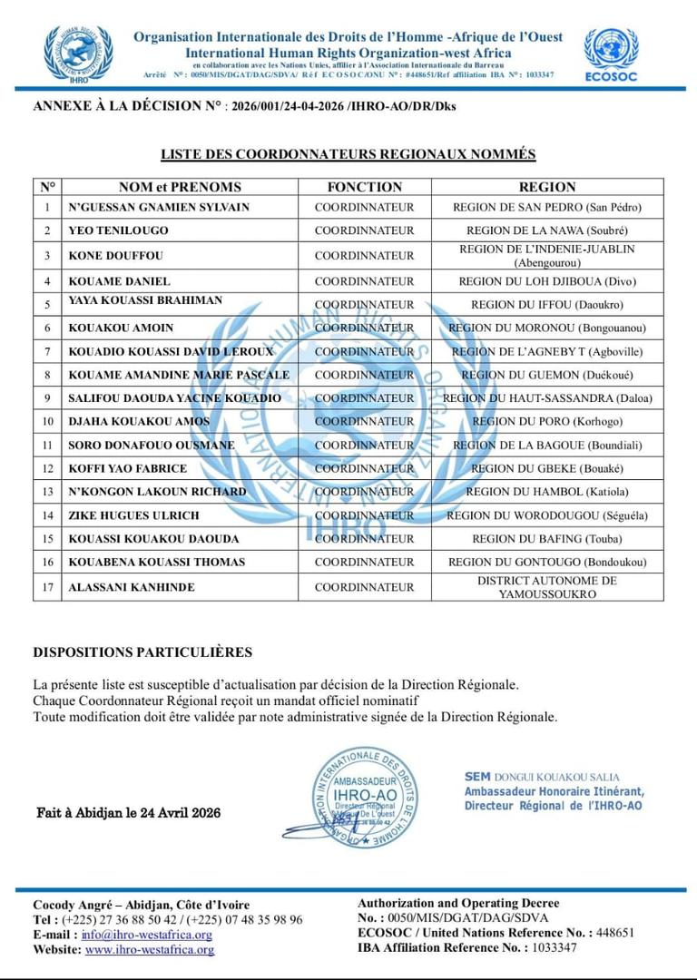 Avis de nomination des Coordonnateurs Locaux de l'IHRO-AO